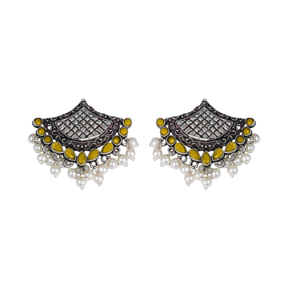 Yellow Stone Studded Lotus Petal Shaped Oxidised Earrings With Hanging Line Of Pearl