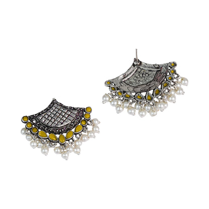 Yellow Stone Studded Lotus Petal Shaped Oxidised Earrings With Hanging Line Of Pearl