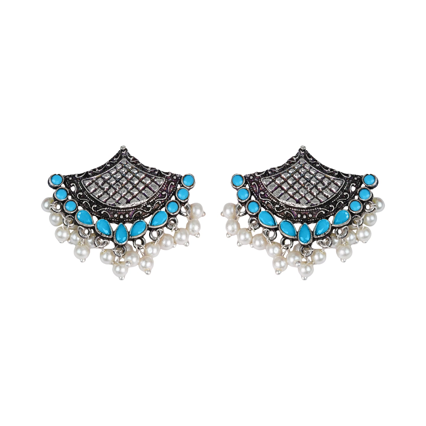 Sky Blue Stone Studded Lotus Petal Shaped Oxidised Earrings With Hanging Line Of Pearl