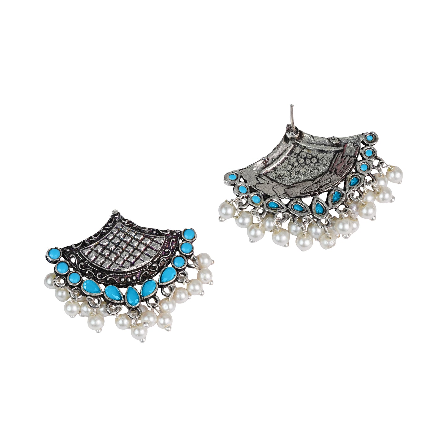 Sky Blue Stone Studded Lotus Petal Shaped Oxidised Earrings With Hanging Line Of Pearl