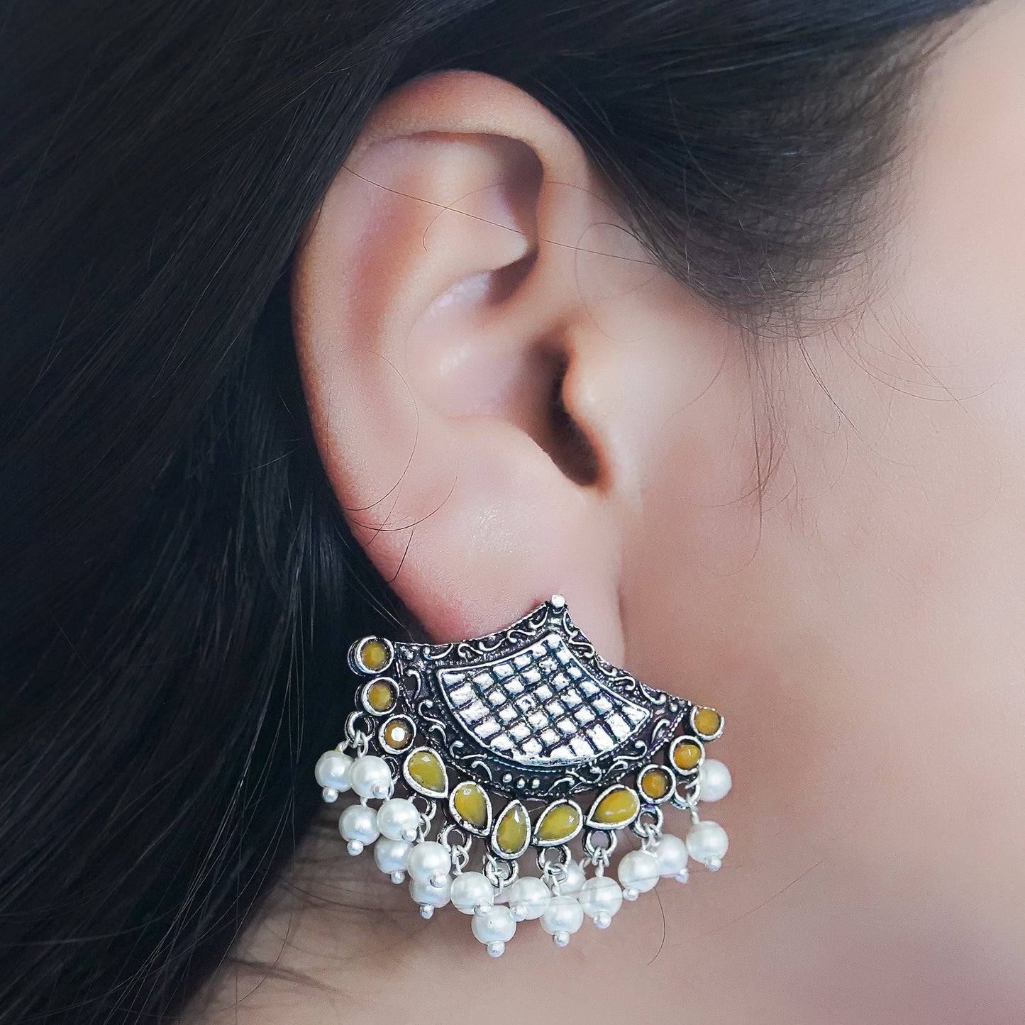 Yellow Stone Studded Lotus Petal Shaped Oxidised Earrings With Hanging Line Of Pearl