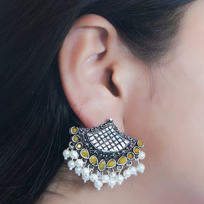 Yellow Stone Studded Lotus Petal Shaped Oxidised Earrings With Hanging Line Of Pearl