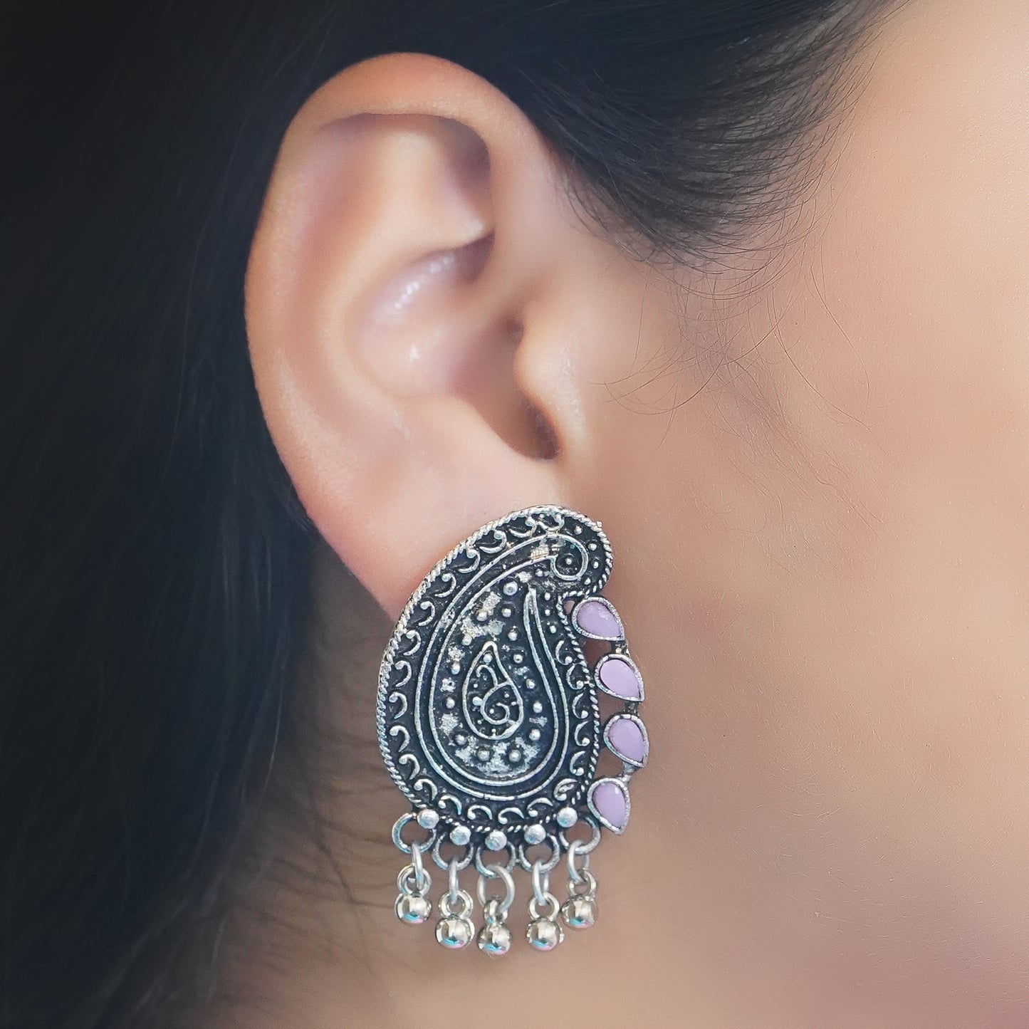 Baby Pink Stone Studded Oxidised Earrings