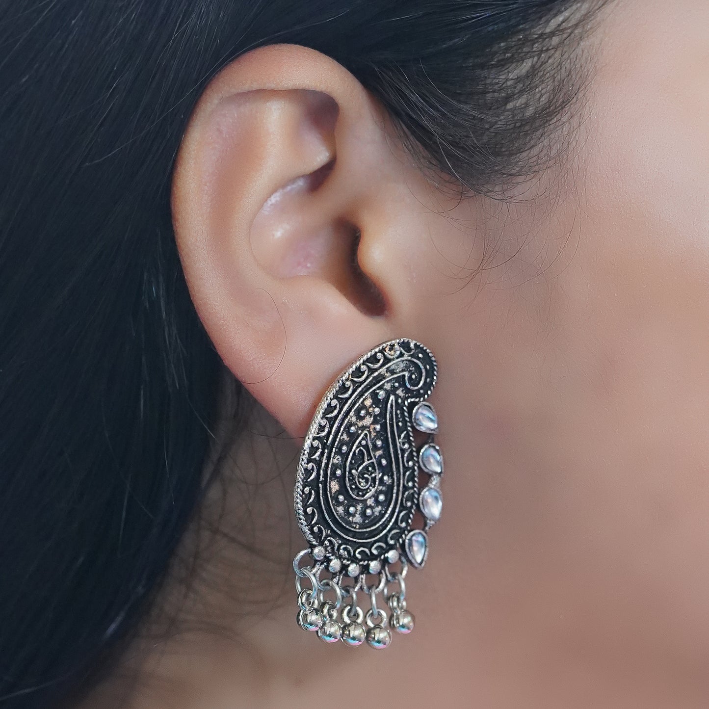 White Stone Studded Oxidised Earrings