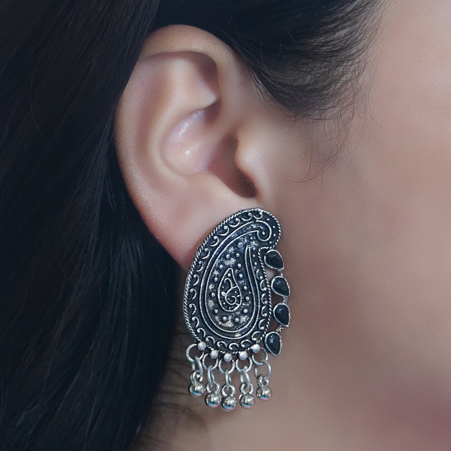 Black Stone Studded Oxidised Earrings