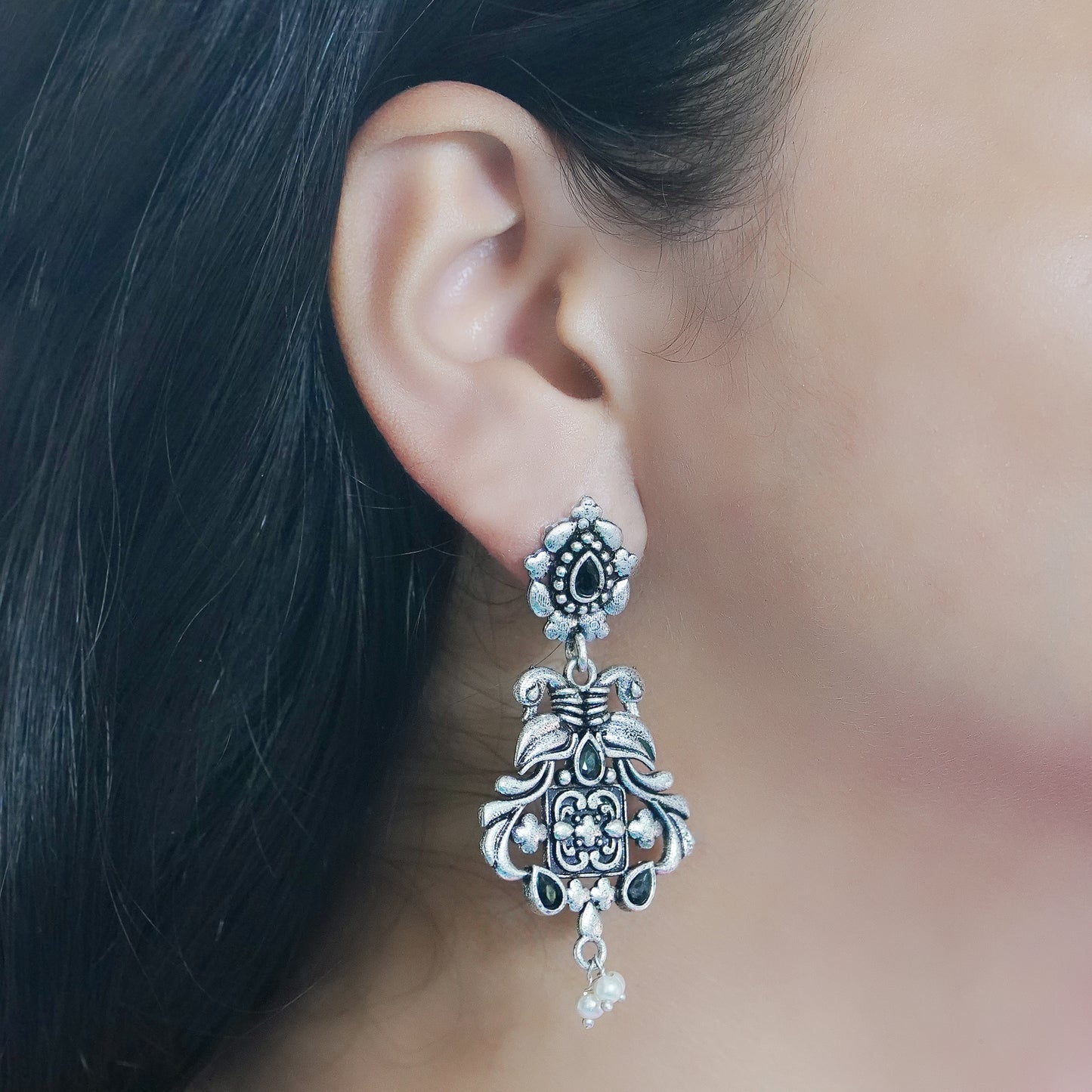 Green Stone Studded Oxidised Earrings With Hanging Pearls