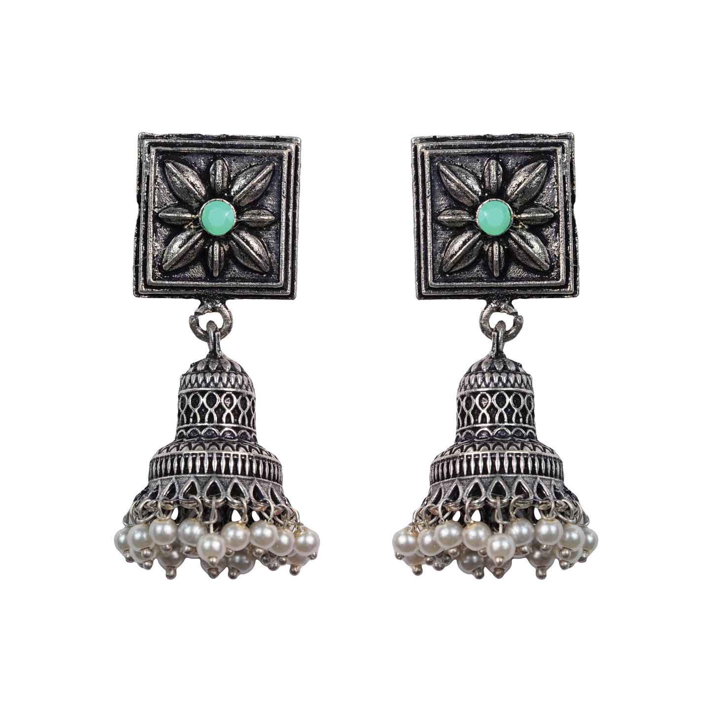 Pista Stone Studded Oxidised Earrings With Hanging Pearls