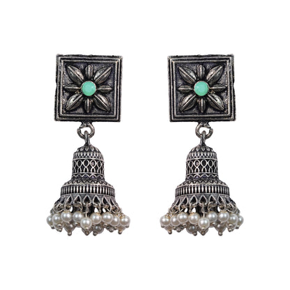 Pista Stone Studded Oxidised Earrings With Hanging Pearls