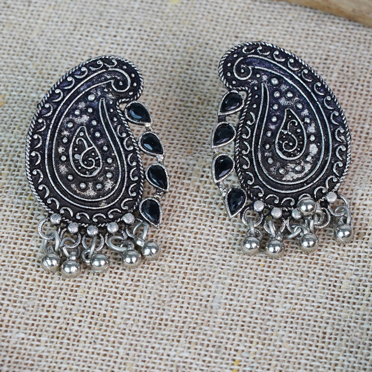 Black Stone Studded Oxidised Earrings