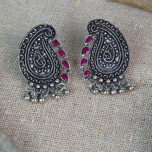 Red Stone Studded Oxidised Earrings