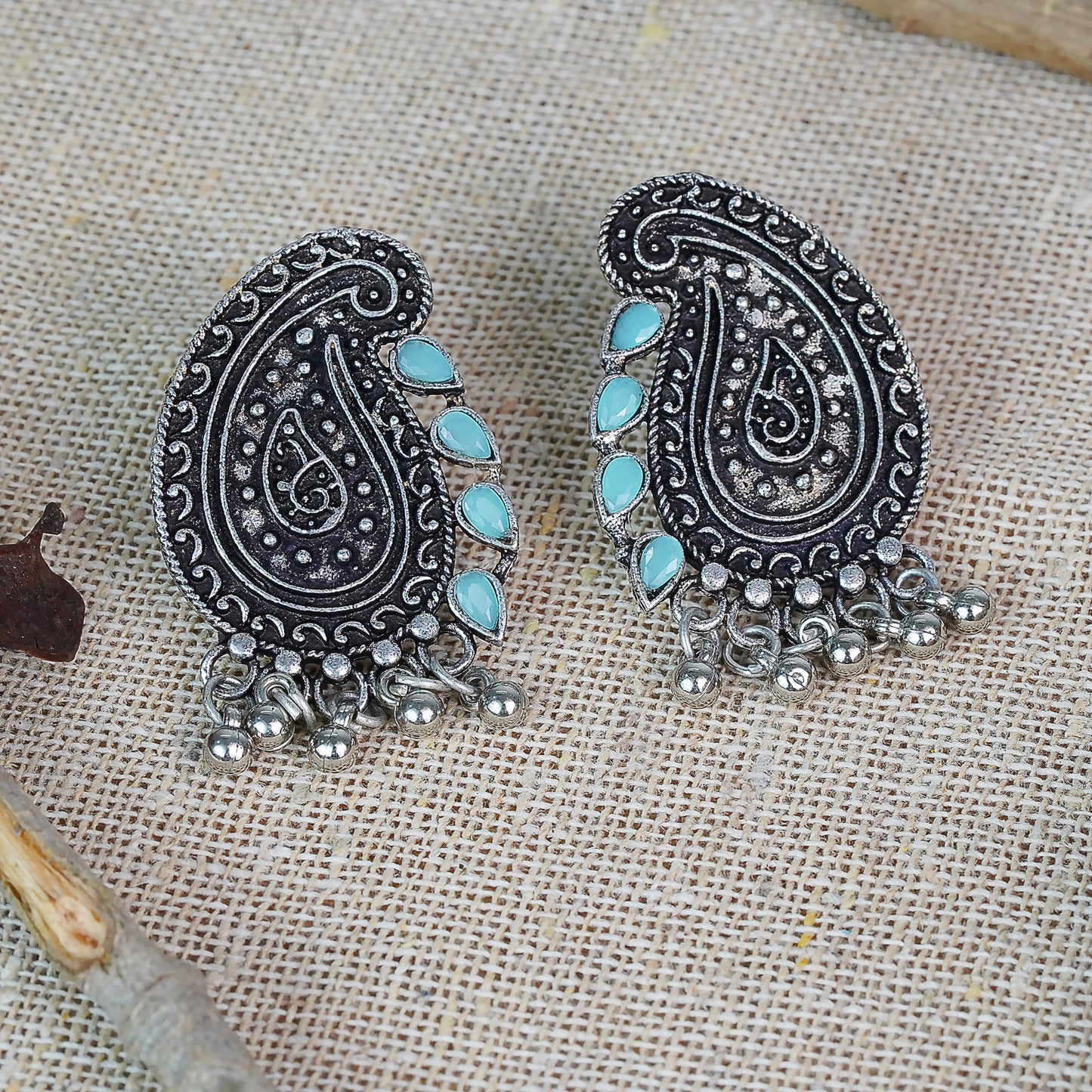 Mint Stone Studded Oxidised Earrings