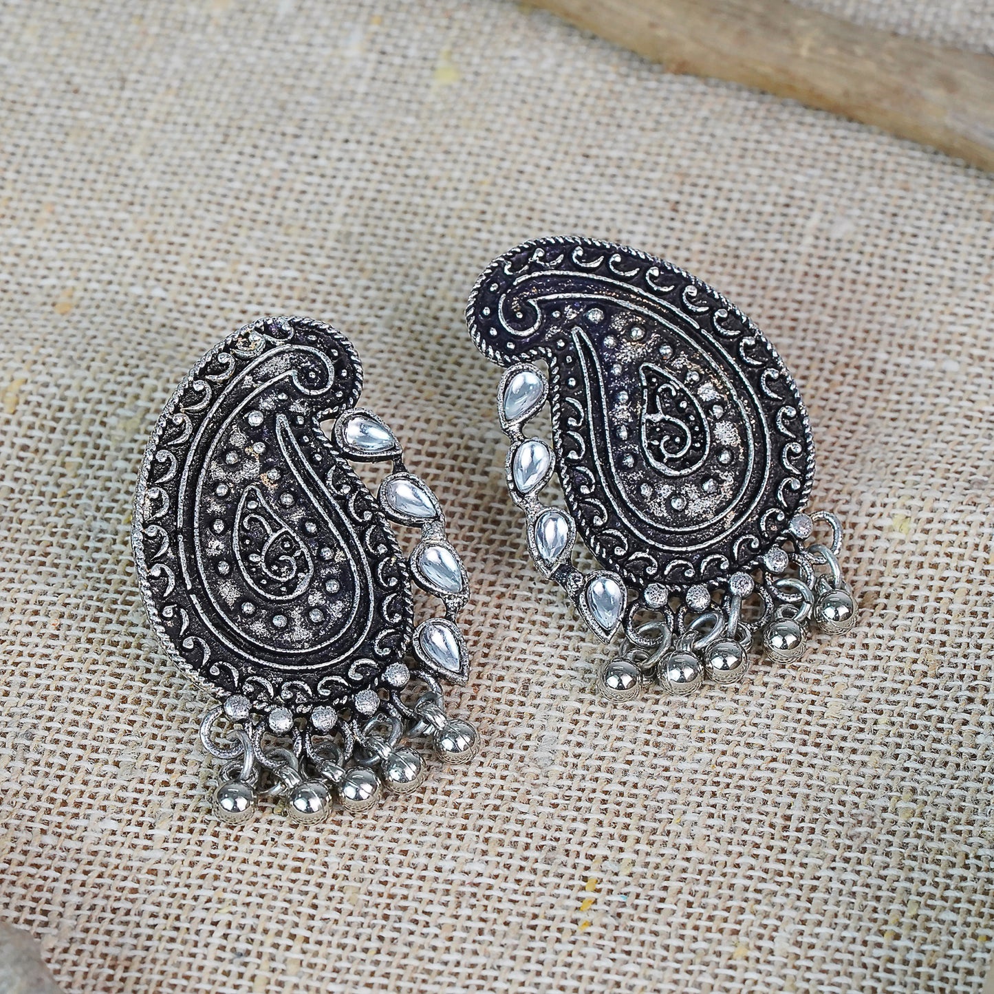 White Stone Studded Oxidised Earrings