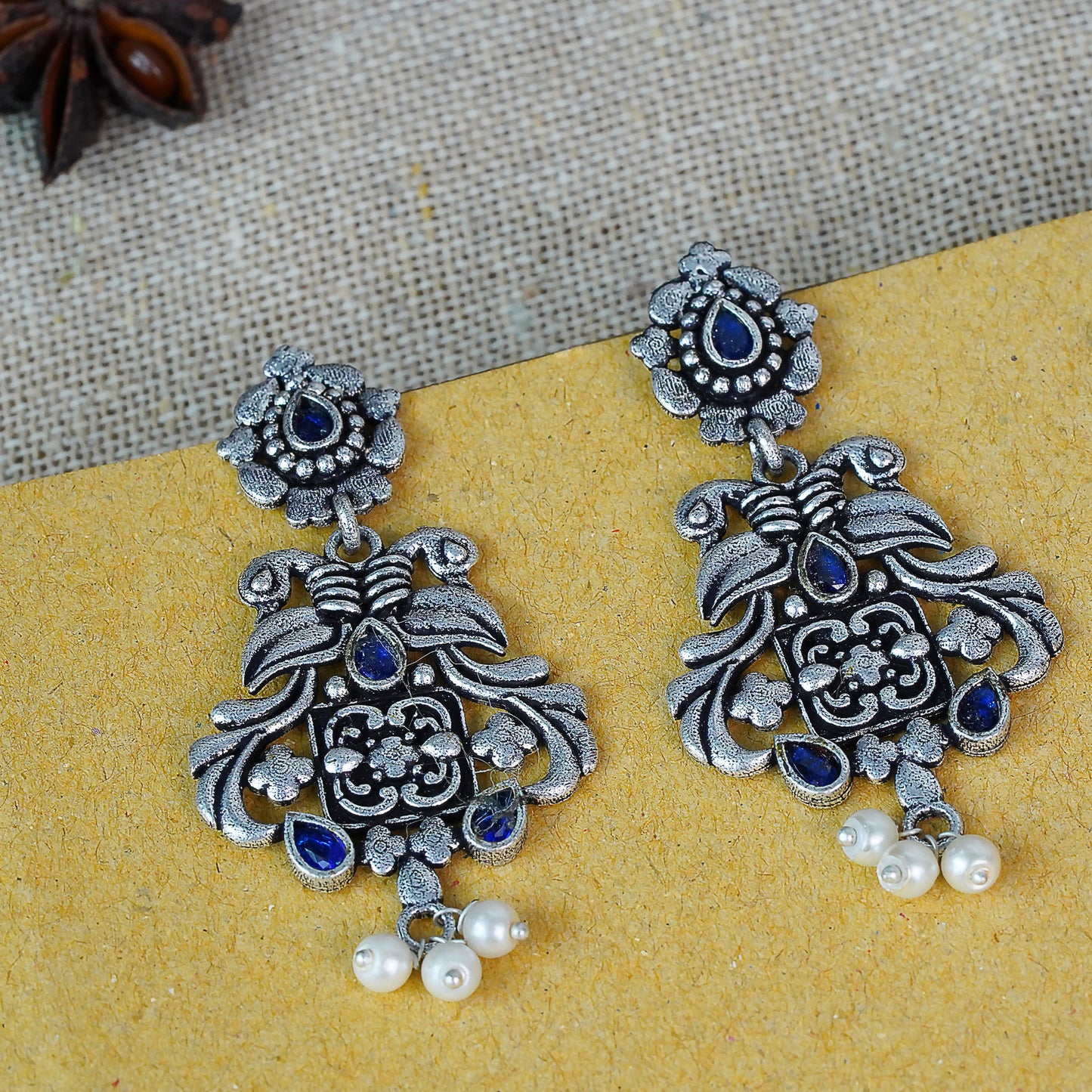 Blue Stone Studded Oxidised Earrings With Hanging Pearls