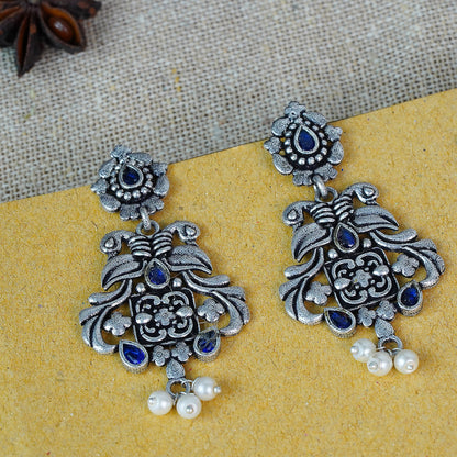 Blue Stone Studded Oxidised Earrings With Hanging Pearls