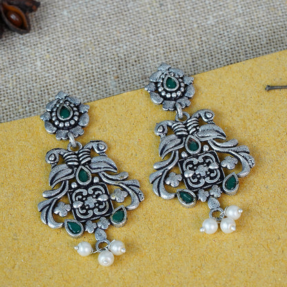 Green Stone Studded Oxidised Earrings With Hanging Pearls