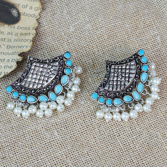 Sky Blue Stone Studded Lotus Petal Shaped Oxidised Earrings With Hanging Line Of Pearl