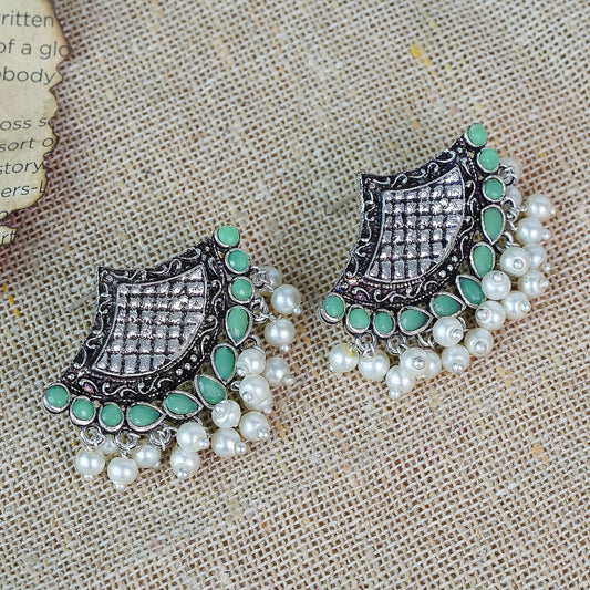 Pista Stone Studded Lotus Petal Shaped Oxidised Earrings With Hanging Line Of Pearl