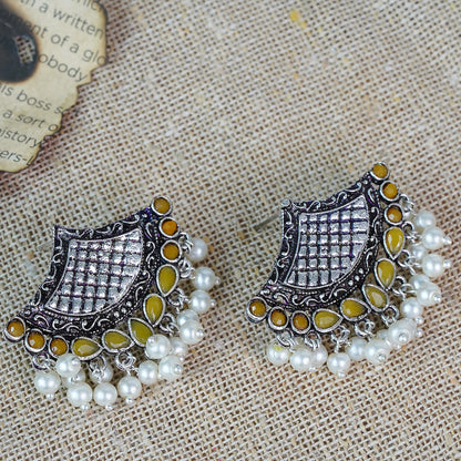 Yellow Stone Studded Lotus Petal Shaped Oxidised Earrings With Hanging Line Of Pearl