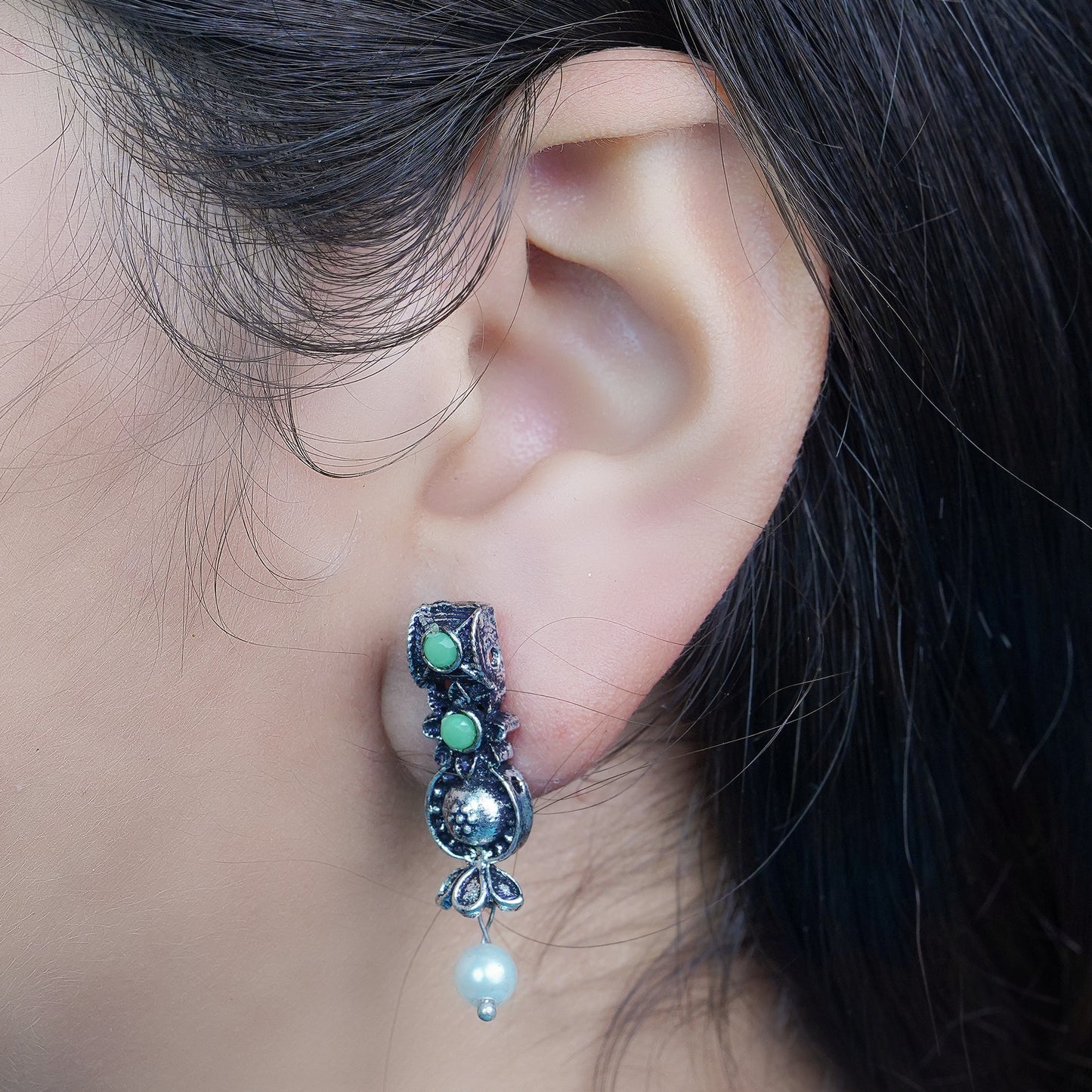 Pista Stone Studded Beautiful Oxidised Studs With Hanging Pearl