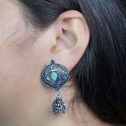 Mint Stone Studded Oxidised Earrings With Hanging Jhumki