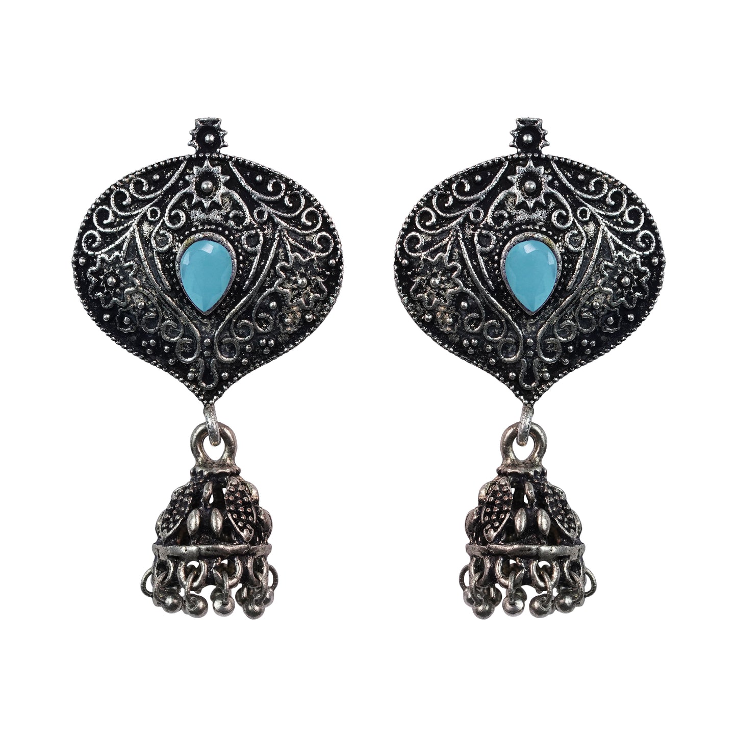 Mint Stone Studded Oxidised Earrings With Hanging Jhumki