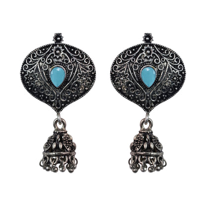 Mint Stone Studded Oxidised Earrings With Hanging Jhumki