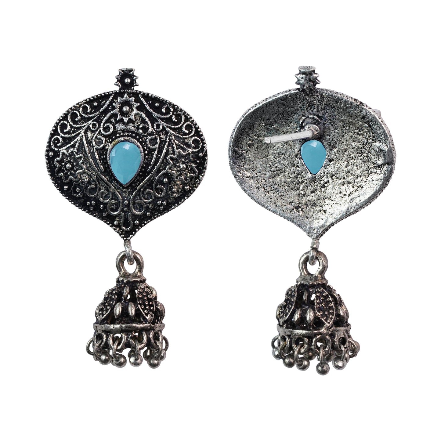 Mint Stone Studded Oxidised Earrings With Hanging Jhumki