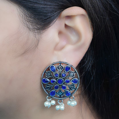 Blue Stone Studded Circular Studs