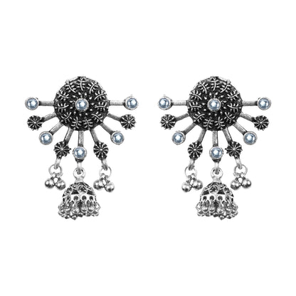 White Stone Studded Semicircular Oxidized Earrings With Hanging Jhumki