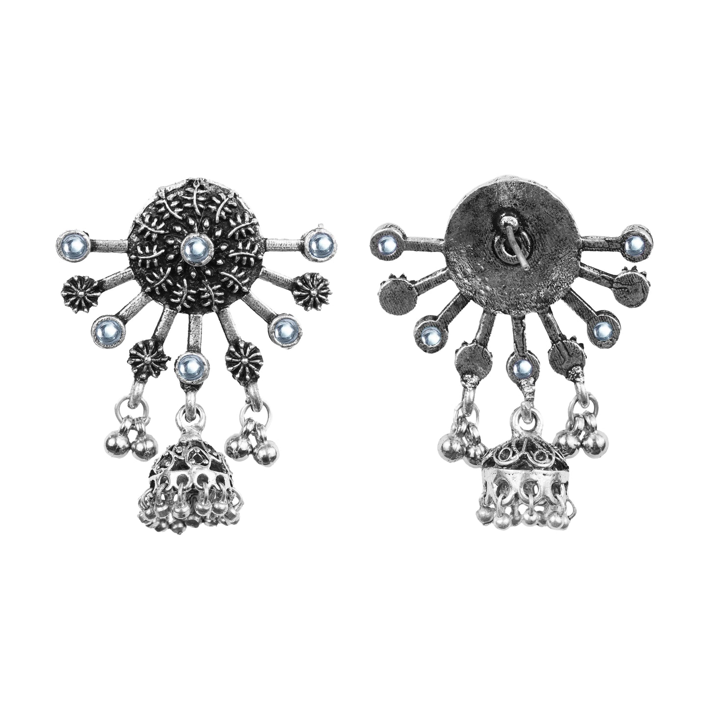 White Stone Studded Semicircular Oxidized Earrings With Hanging Jhumki