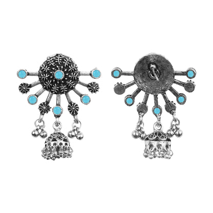 Mint Stone Studded Semicircular Oxidized Earrings With Hanging Jhumki