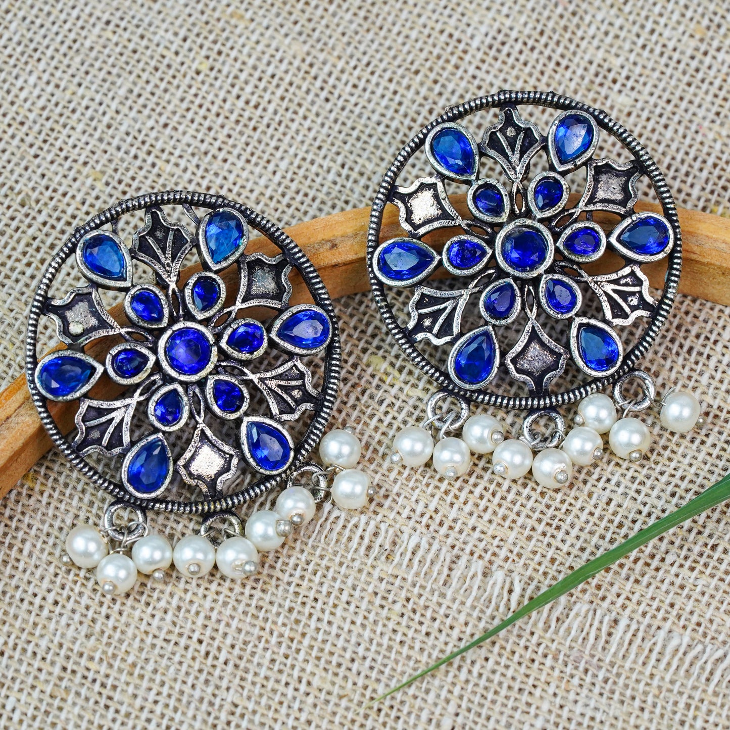 Blue Stone Studded Circular Studs