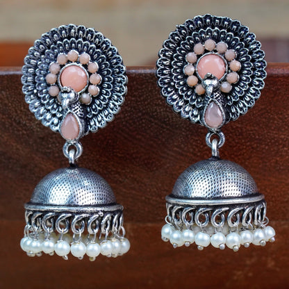 Light Orangish Stone Embellished German Silver Earrings With Hanging Pearls