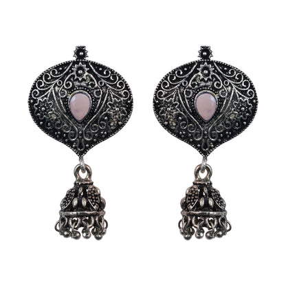 Light Orangish Stone Studded Oxidised Earrings With Hanging Jhumki