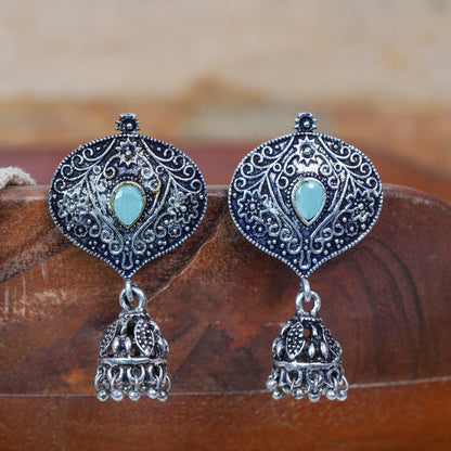 Mint Stone Studded Oxidised Earrings With Hanging Jhumki