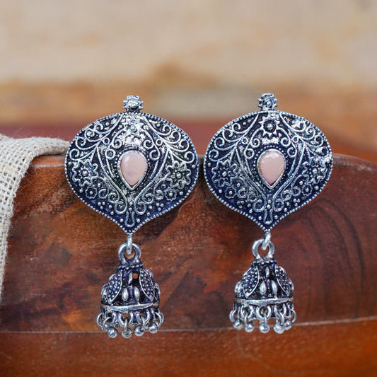 Light Orangish Stone Studded Oxidised Earrings With Hanging Jhumki