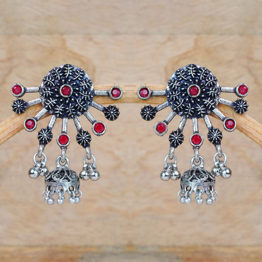 Dark Red Stone Studded Semicircular Oxidised Earrings With Hanging Jhumki