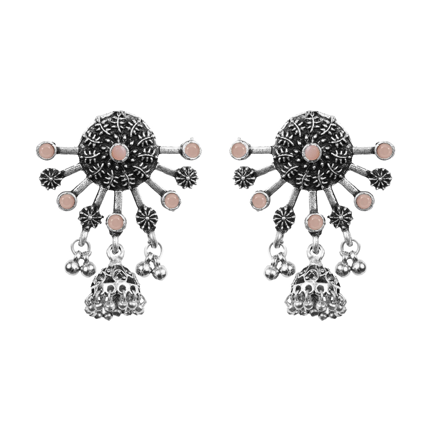 Light Orangish Stone Studded Semicircular Oxidized Earrings With Hanging Jhumki