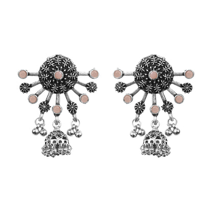 Light Orangish Stone Studded Semicircular Oxidized Earrings With Hanging Jhumki