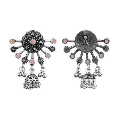 Light Orangish Stone Studded Semicircular Oxidized Earrings With Hanging Jhumki