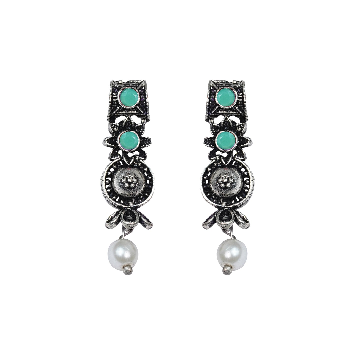 Pista Stone Studded Beautiful Oxidised Studs With Hanging Pearl