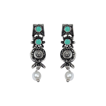 Pista Stone Studded Beautiful Oxidised Studs With Hanging Pearl