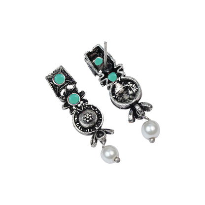 Pista Stone Studded Beautiful Oxidised Studs With Hanging Pearl