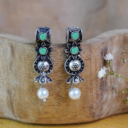 Pista Stone Studded Beautiful Oxidised Studs With Hanging Pearl