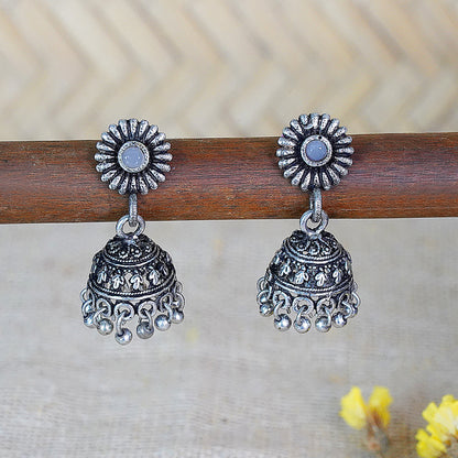 Grey Stone Studded Tiny Earrings With Hanging Jhumki