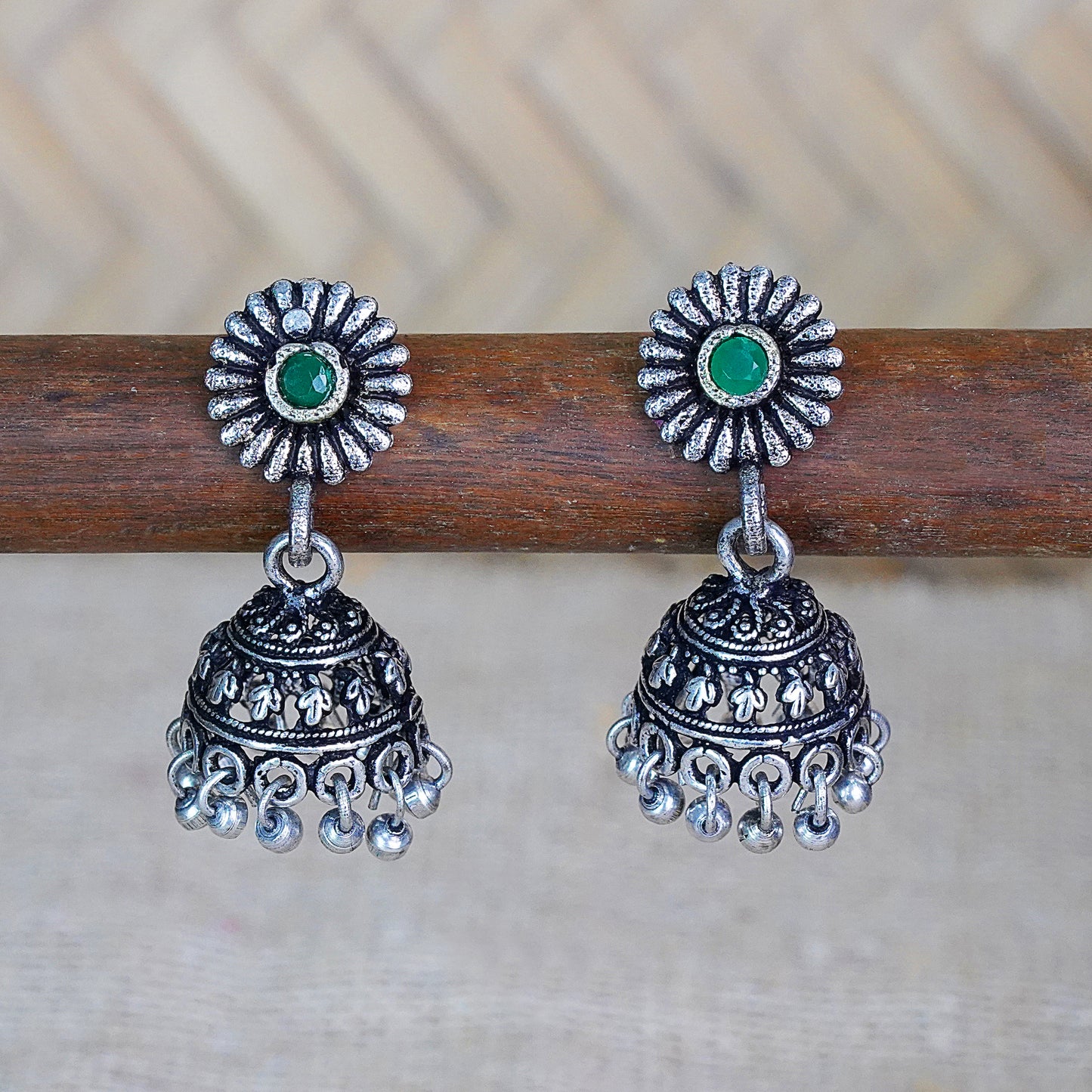 Green Stone Studded Tiny Earrings With Hanging Jhumki