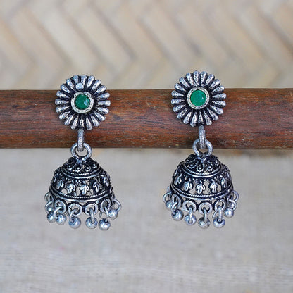 Green Stone Studded Tiny Earrings With Hanging Jhumki