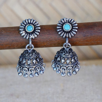 Mint Stone Studded Tiny Earrings With Hanging Jhumki