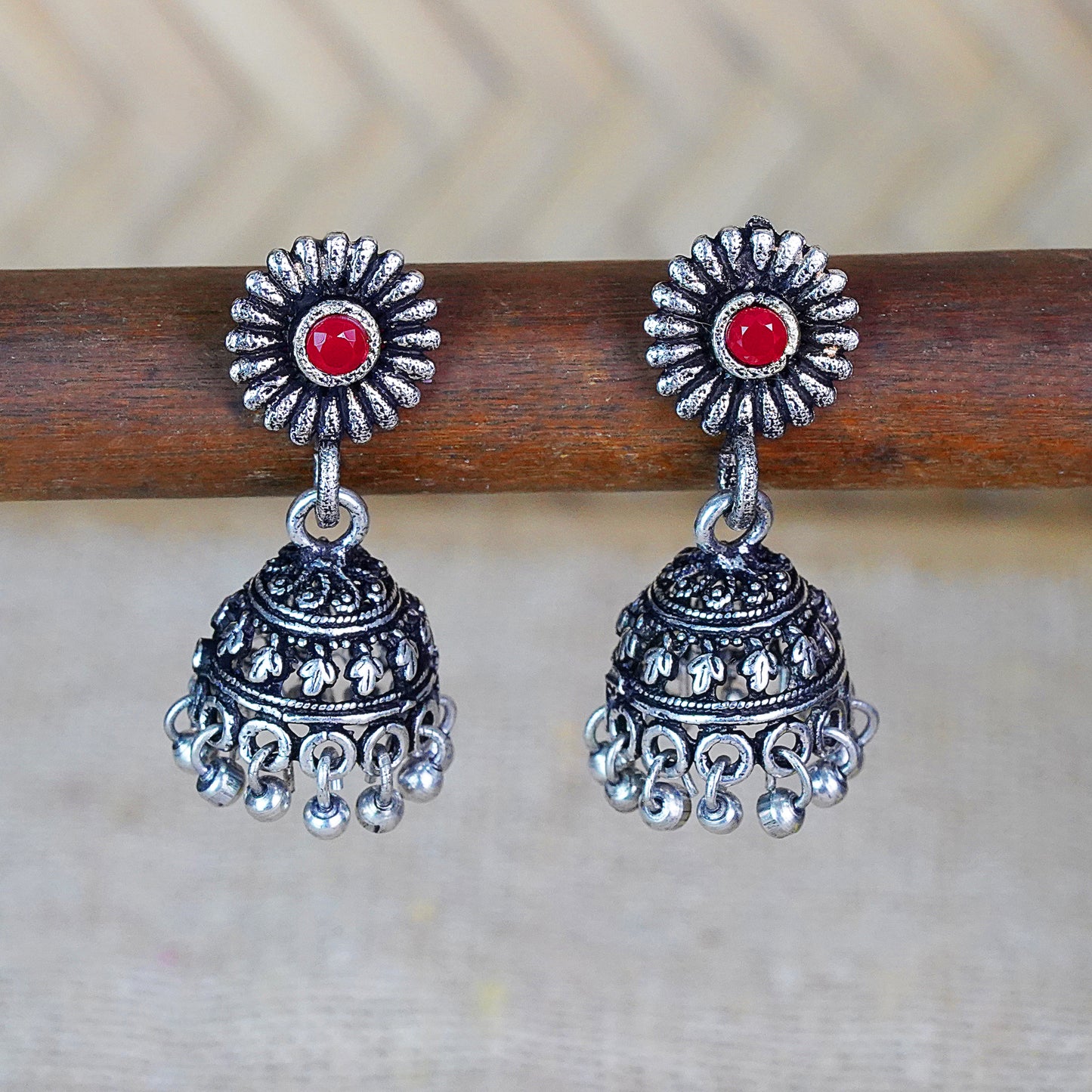 Dark red Stone Studded Tiny Earrings With Hanging Jhumki