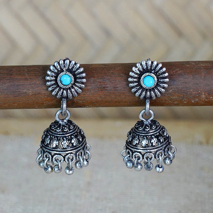 Sky Blue Stone Studded Tiny Earrings With Hanging Jhumki